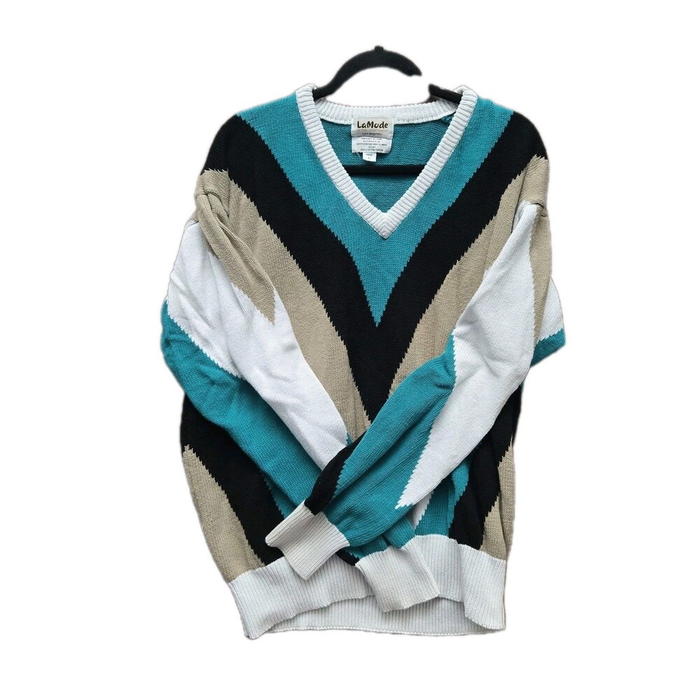 Mens LaMode Active Sportswear V-Neck Pullover Sweater Size Large Teal Multicolor